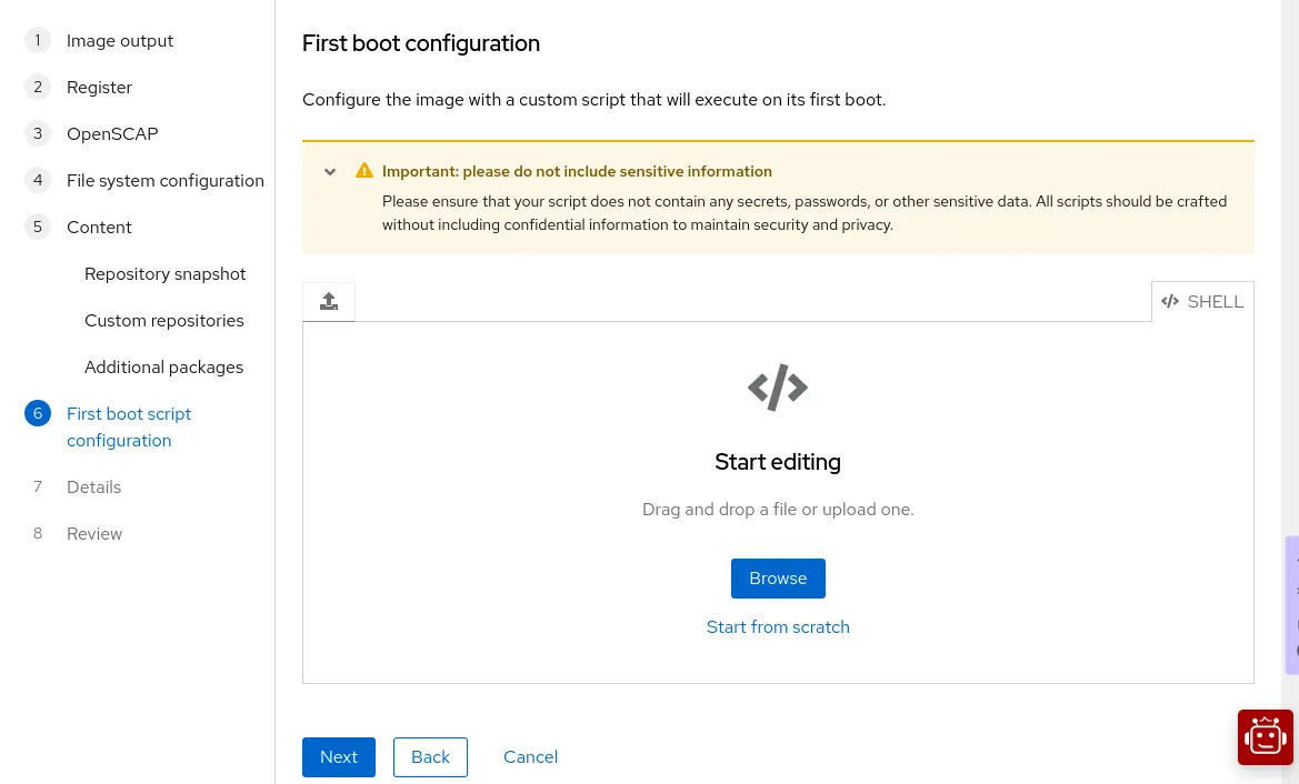 Screenshot showing the first boot configuration