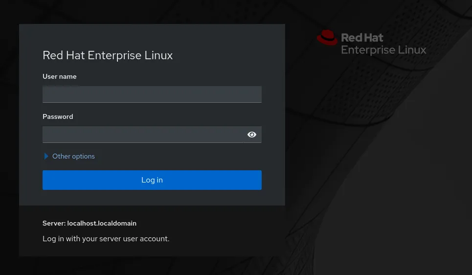 Screenshot showing the RHEL web console login screen