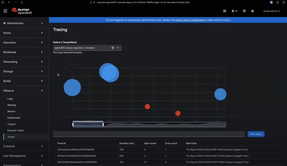 OpenShift web console > Traces UI currently available as Developer Preview