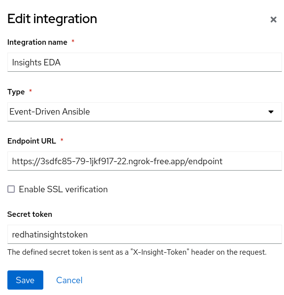 Edit integration dialog