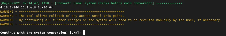 fig 4 convert2rhel can not be automatically rolled back by the tool prompt