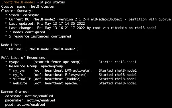 Screenshot of a linux terminal displaying the cluster status of rhel8-node1