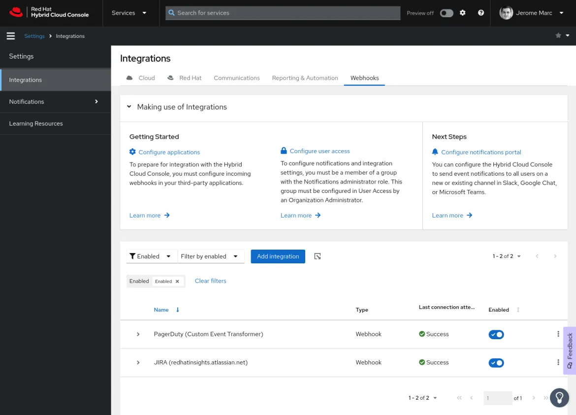 Webhooks configuration in Hybrid Cloud Console’s Settings