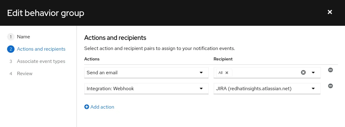 Edit behavior group notifications configuration in Red Hat Insights