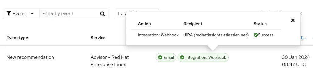 Successful webhook integration status in Event Log