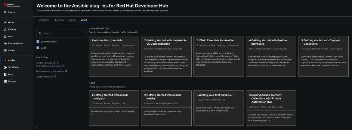 Ansible-specific learning paths and labs