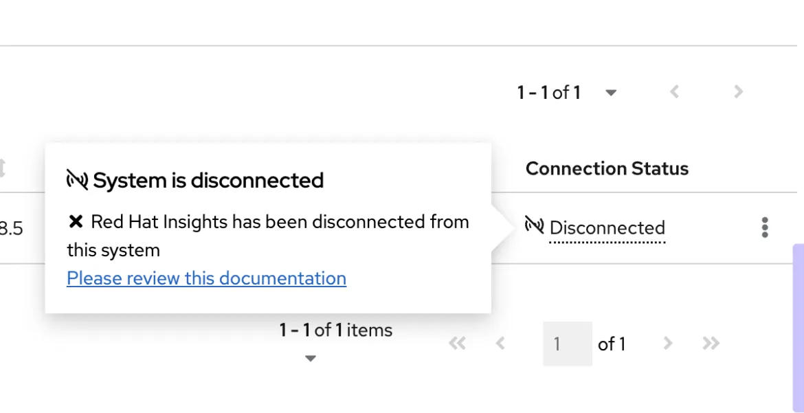 Popover message when connection status is ‘disconnected’ and system type is RHC client