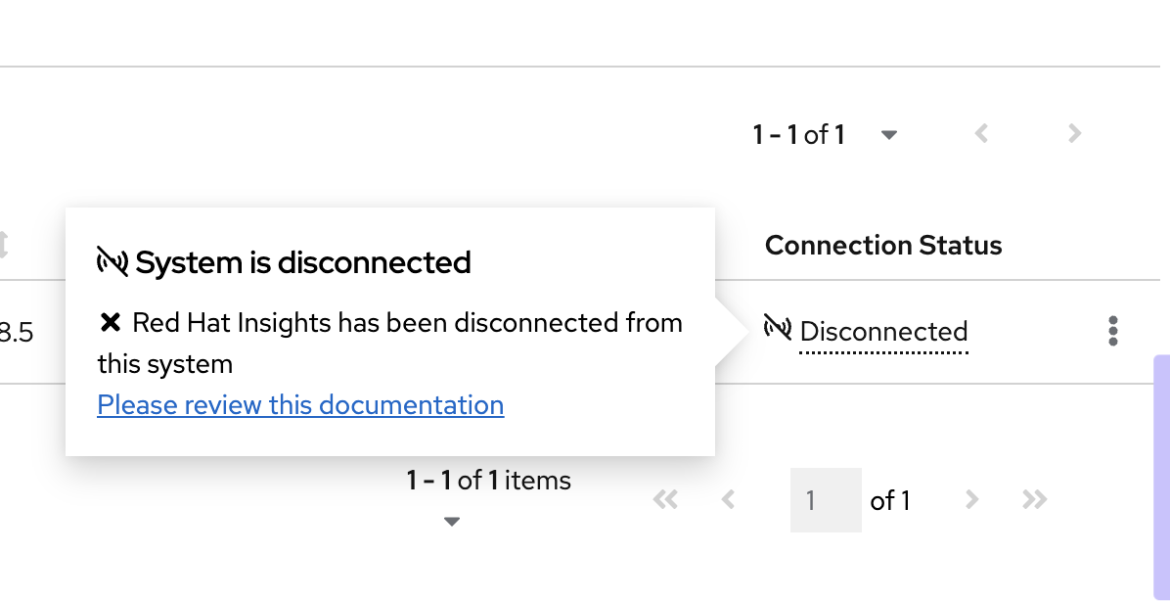 Popover message when connection status is ‘disconnected’ and system type is RHC client