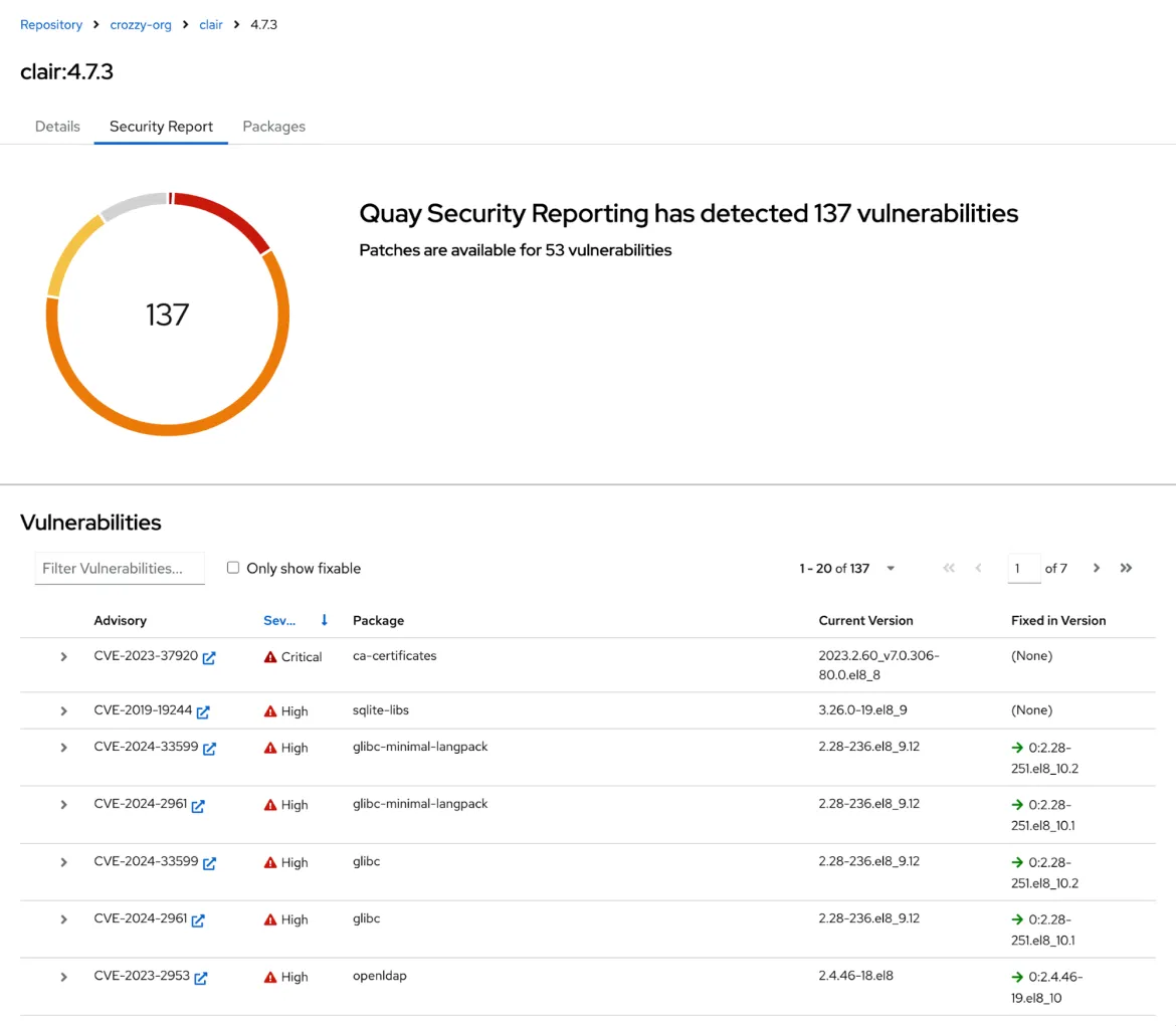 Quay.io vulnerability reporting for the Clair 4.7.3 container image, using VEX data and reporting per CVE identifier