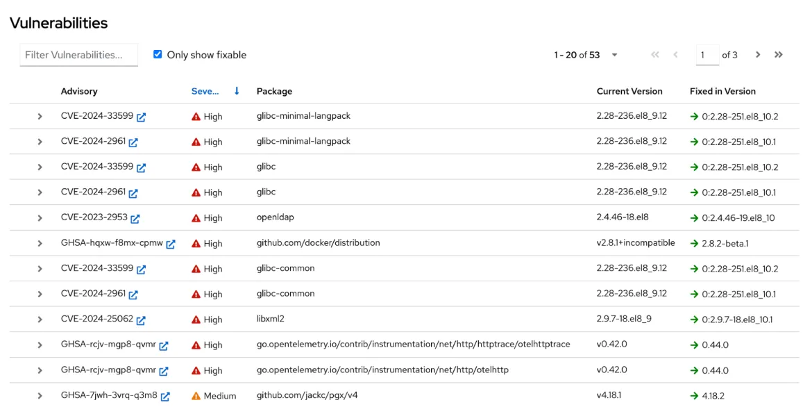 Quay.io vulnerability reporting table for the Clair 4.7.3 container image filtered for vulnerabilities for which a fix exists an newer package version