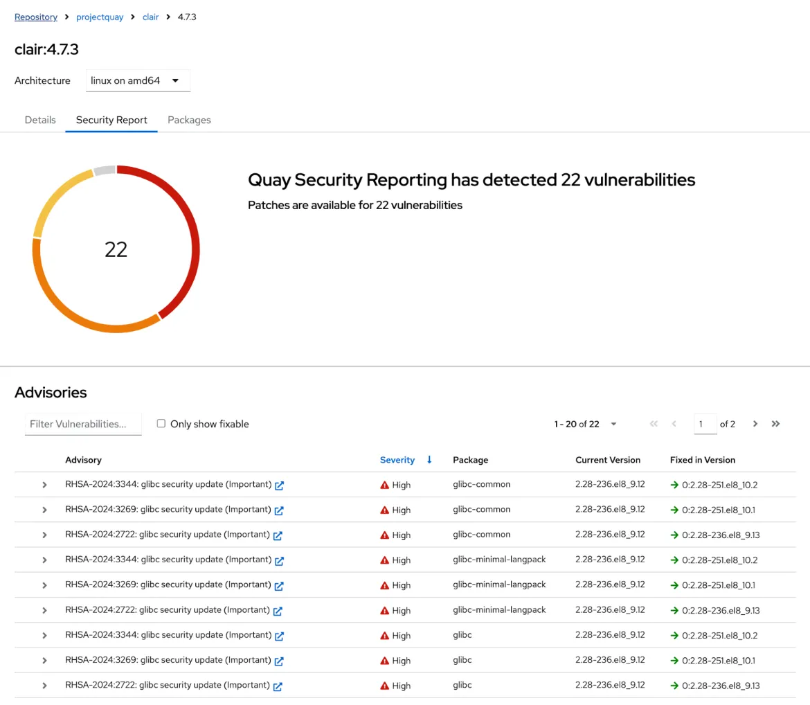 Quay.io vulnerability reporting for the Clair 4.7.3 container image, using OVAL v2 data and reporting by Red Hat Security advisory