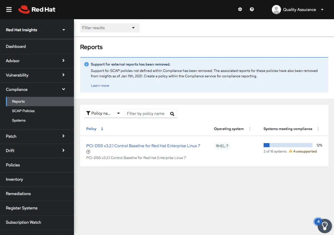 Figure 1. Compliance reports highlights 4 systems running unsupported configs in this view