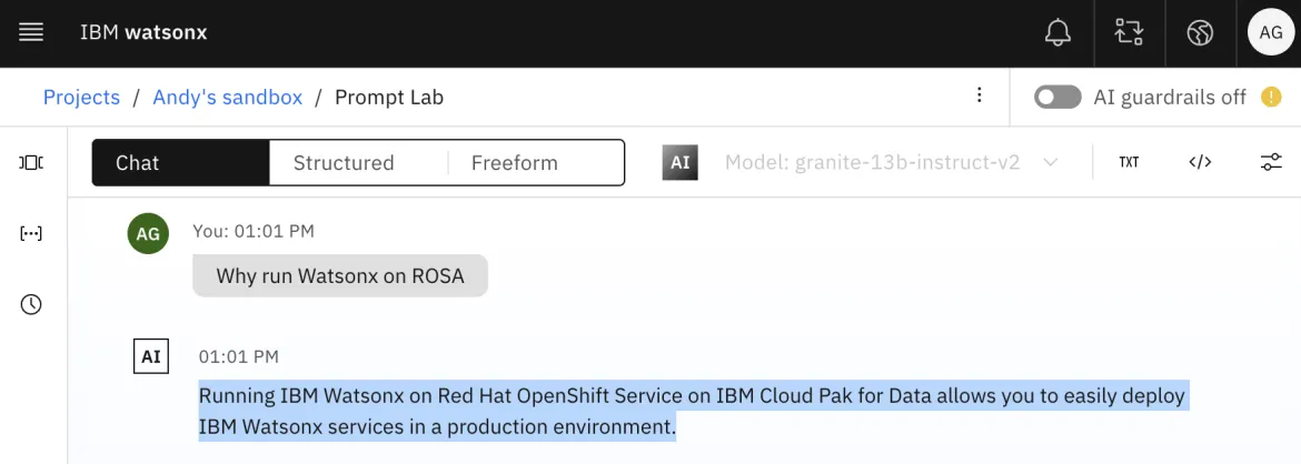 Watsonx.ai prompt studio answering why Watsonx on ROSA