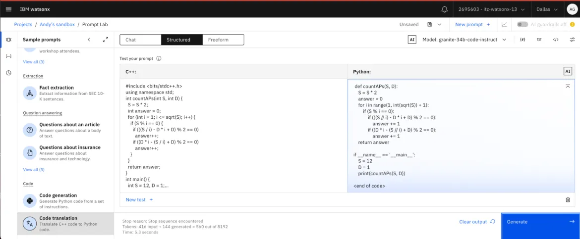 Figure 5 Watsonx.ai for Code Translation using the IBM granite-34b-code-instruct model 