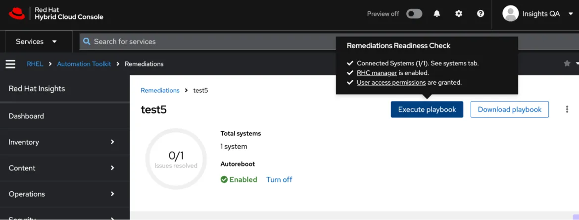 Enabled “Execute playbook” button with fully passing readiness check