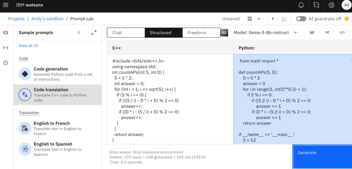 Watsonx.ai for Code Generation using the codellama-34b-instruct-hf model 