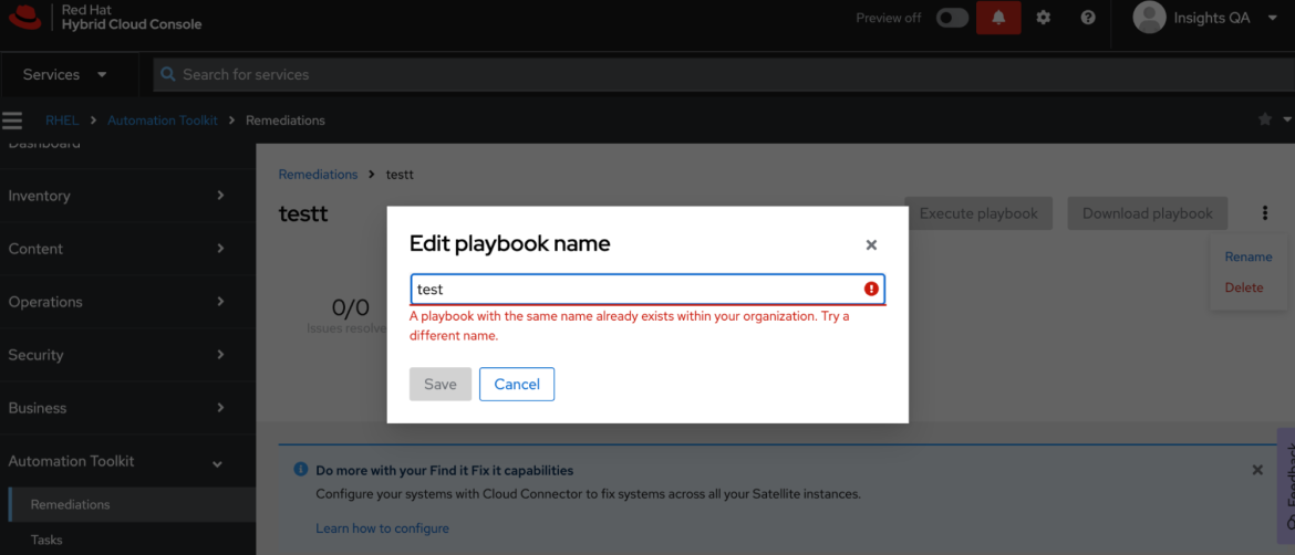 Error message displayed when you attempt to update remediation playbook using a name that already exists within the organization