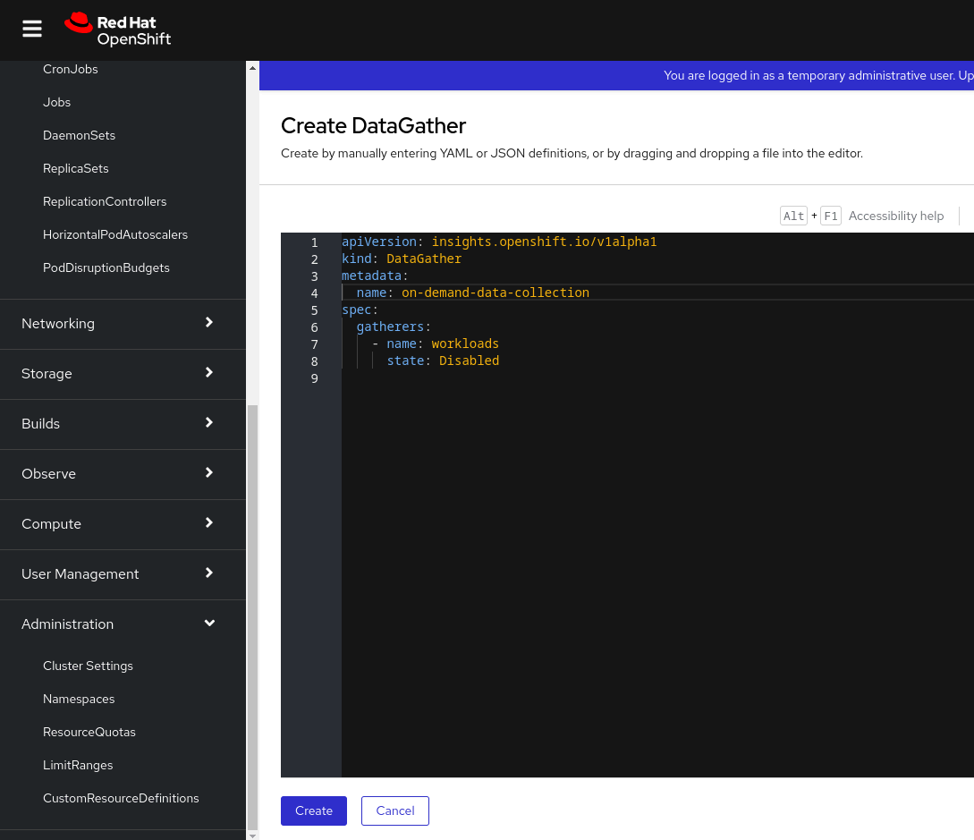 Screenshot of the Create DataGather window in Red Hat OpenShift