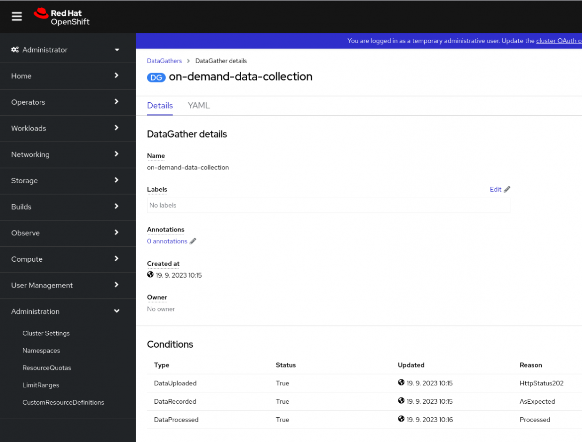 Screenshot of the DataGather details window in Red Hat OpenShift