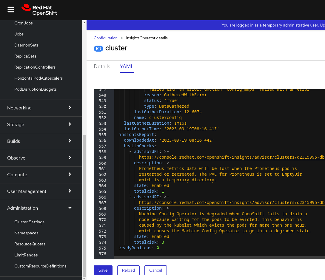 Screenshot of the Insights Operator YAML window in Red Hat OpenShift