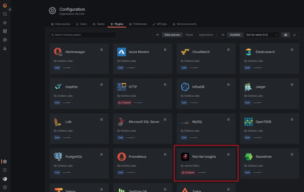 a screenshot showing the Red Hat Insights plugin in the Grafana plugin catalog