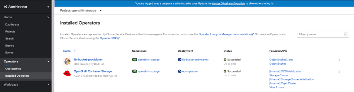 Openshift showing the installed operators in namespace openshift-storage