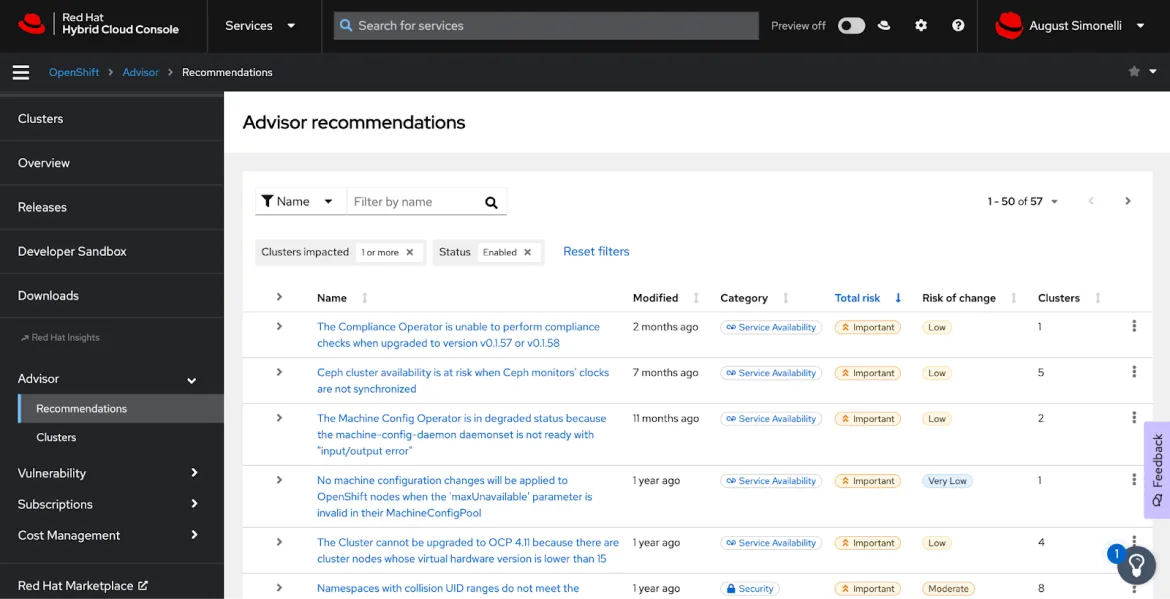 Screenshot of the built-in Advisor Recommendations.