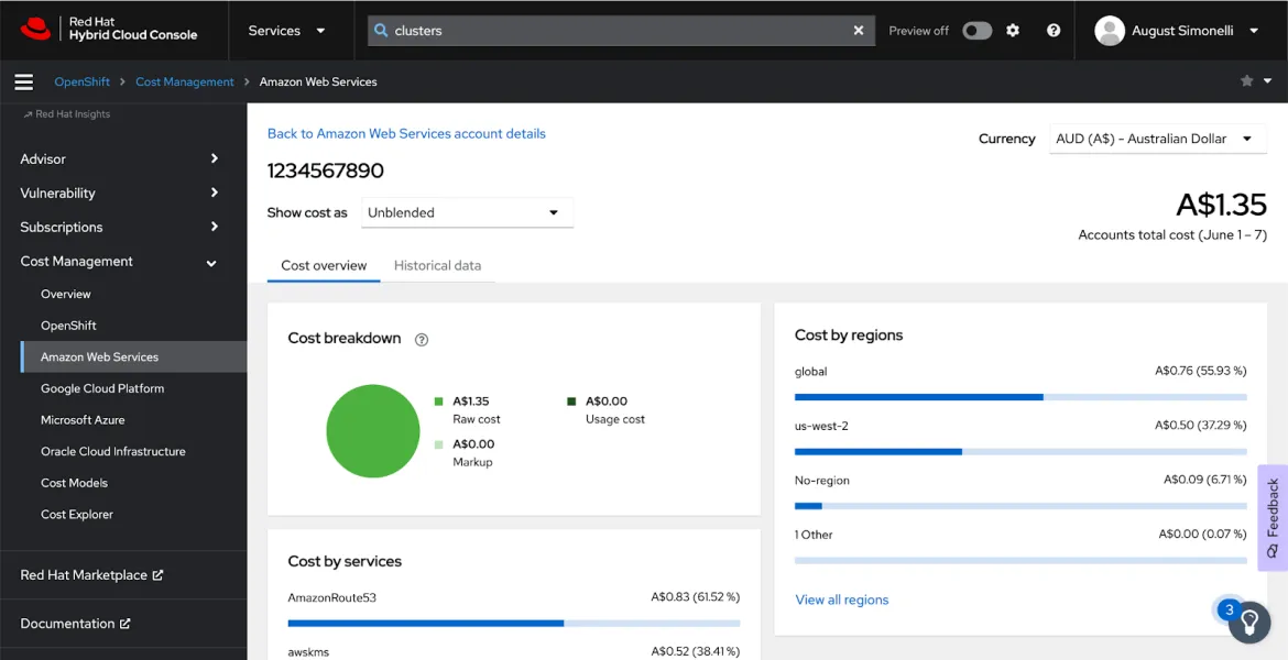 Screenshot of the cost management tool for AWS