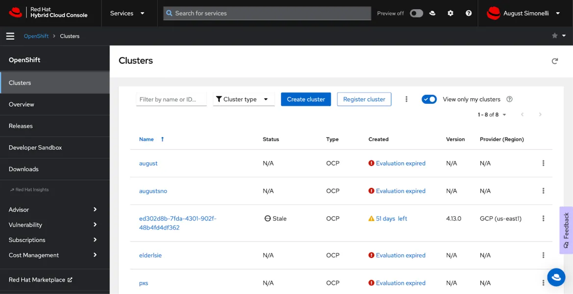 Screenshot of the cluster management interface.