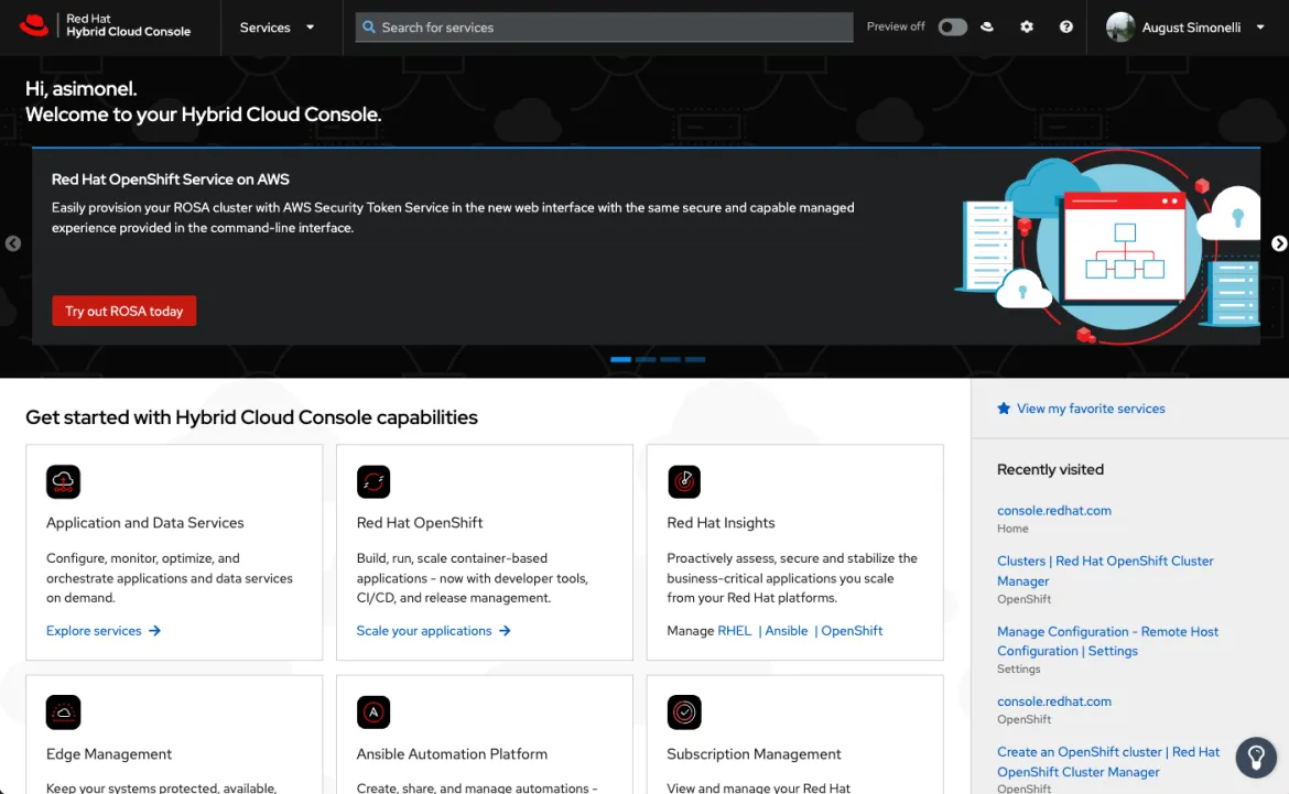 Screenshot of Hybrid Cloud Console showing get started information.