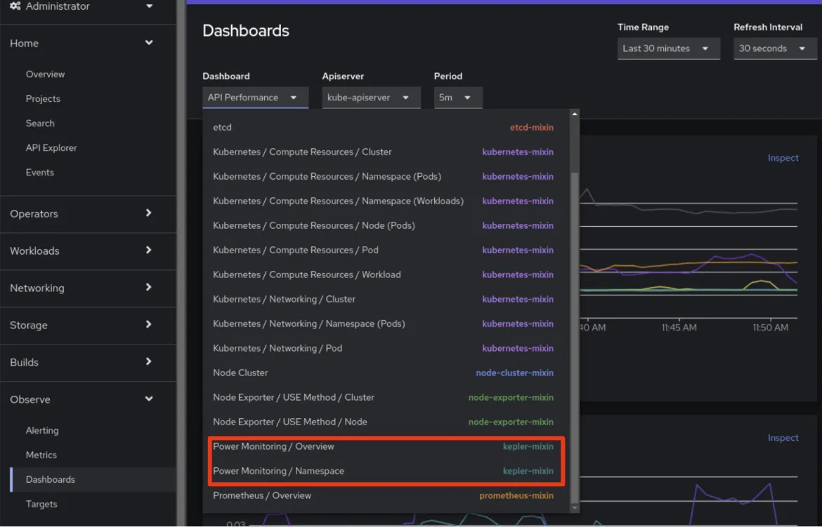 Selecting power monitoring dashboards