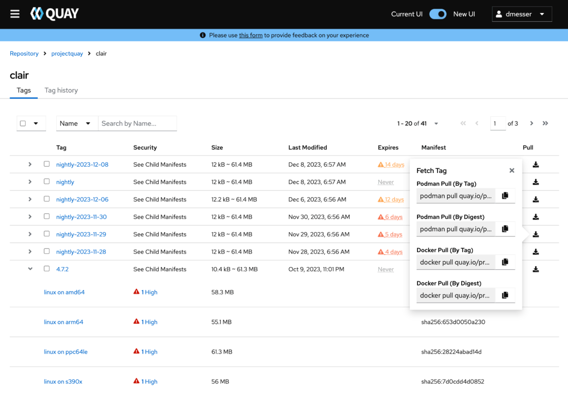 The new tag list view gives you handy shortcuts and comprehensive information about images contained in a repository.