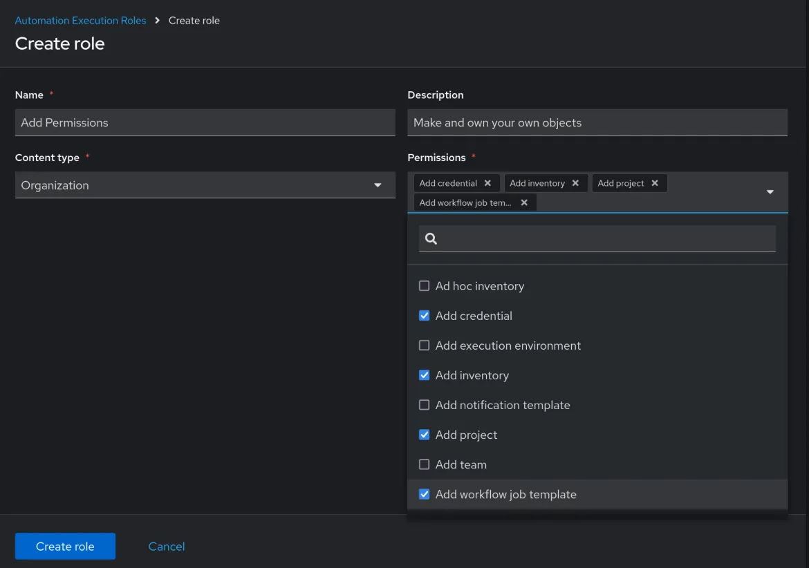 In the Create Role page, the Content Type "Organization" has new “add” permissions for credential, inventory, project, etc.