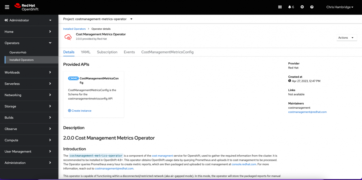 Red Hat cost management operator details screenshot