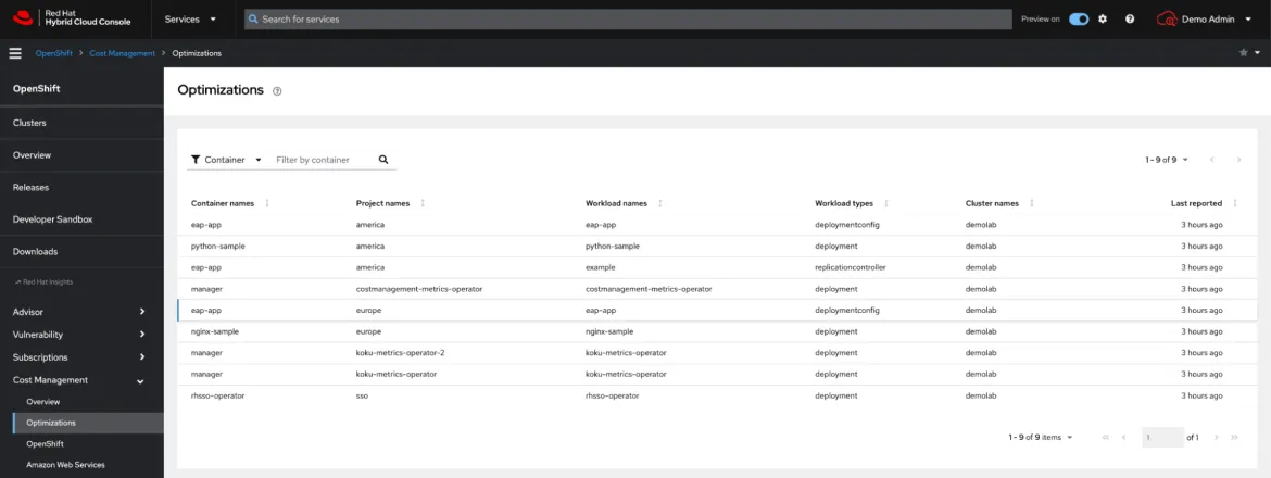 Red Hat cost management optimizations screenshot