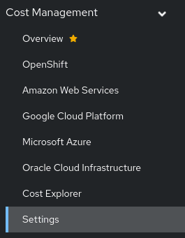 Red Hat Insights cost management menu, with the Settings option highlighted