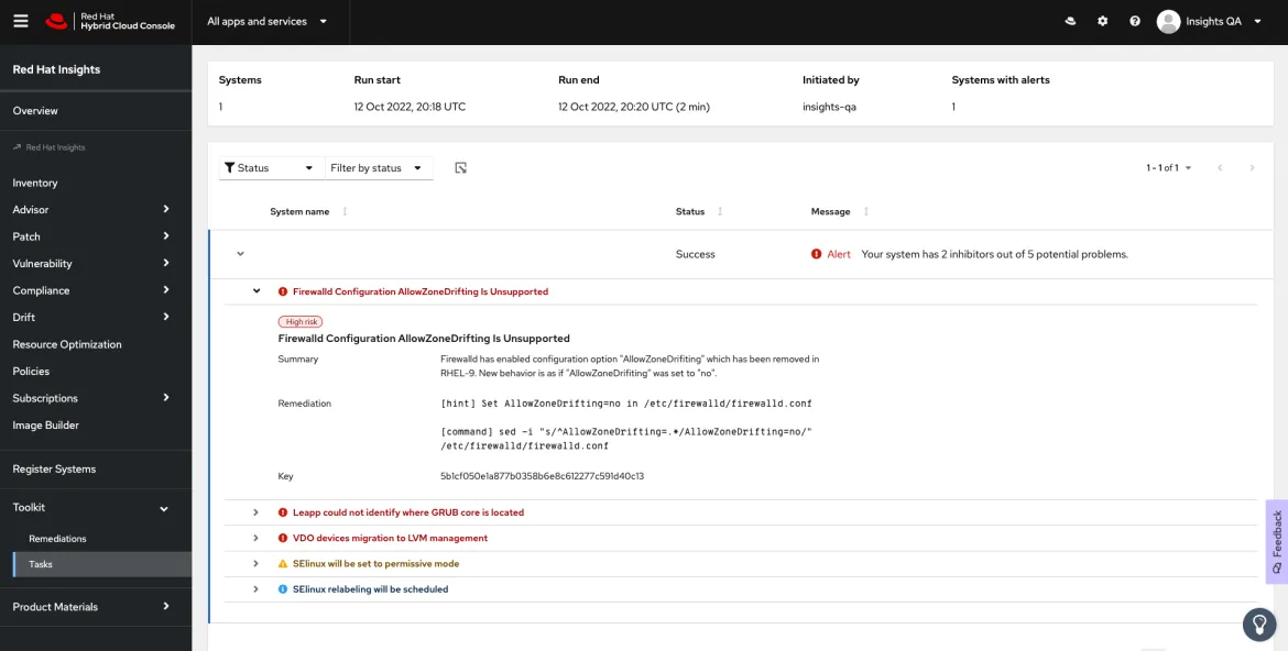 Red Hat Insights Toolkit Tasks screenshot