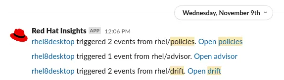 A screenshot of an example of some Red Hat Insights alerts being displayed in Slack