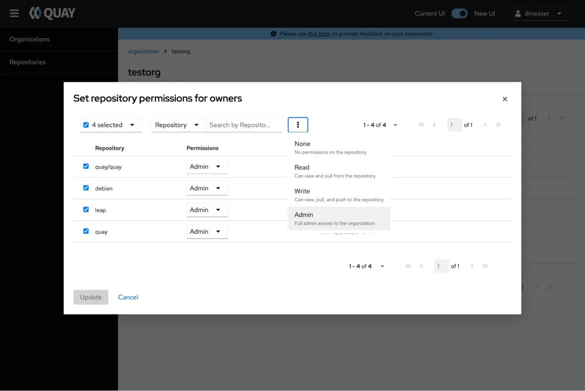 Screenshot of Quay set repository permissions for owners dialog