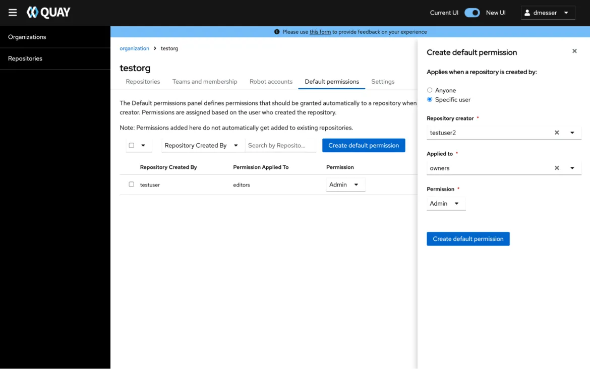 Screenshot Quay organization > testorg details