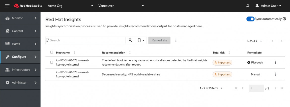 Screenshot of Red Hat Insights recommendations