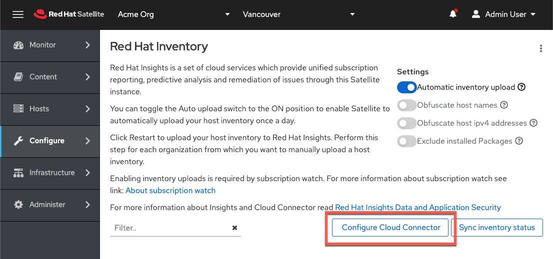 Screenshot of the Red Hat Inventory page with the "Configure Cloud Connector" button highlighted in red