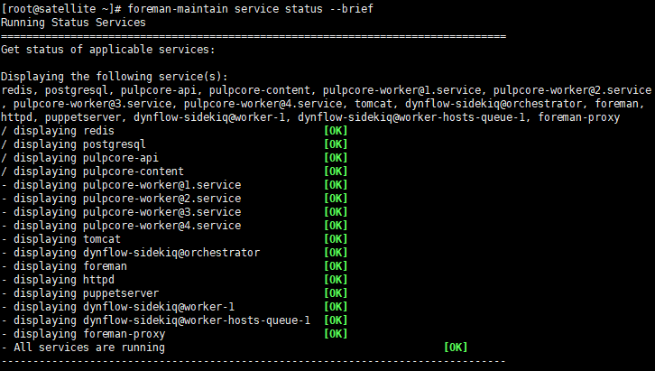 Red Hat Satellite tips: terminal window showing the status of applicable services