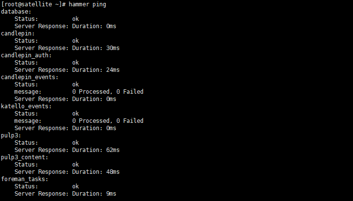 Red Hat Satellite tips: terminal window showing results of the hammer ping command