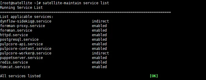 Red Hat Satellite tips: terminal window showing the results of the service list command