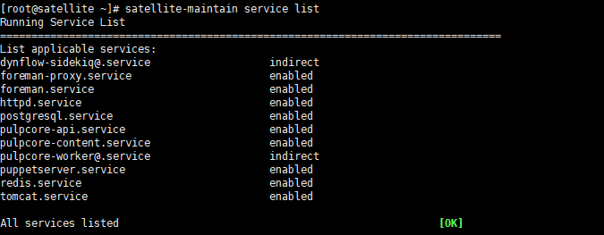 Red Hat Satellite tips: terminal window showing the results of the service list command