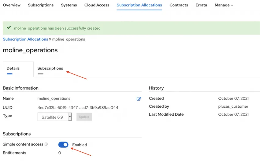 Red Hat Satellite tips: screenshot showing SCA enabled on the customer portal