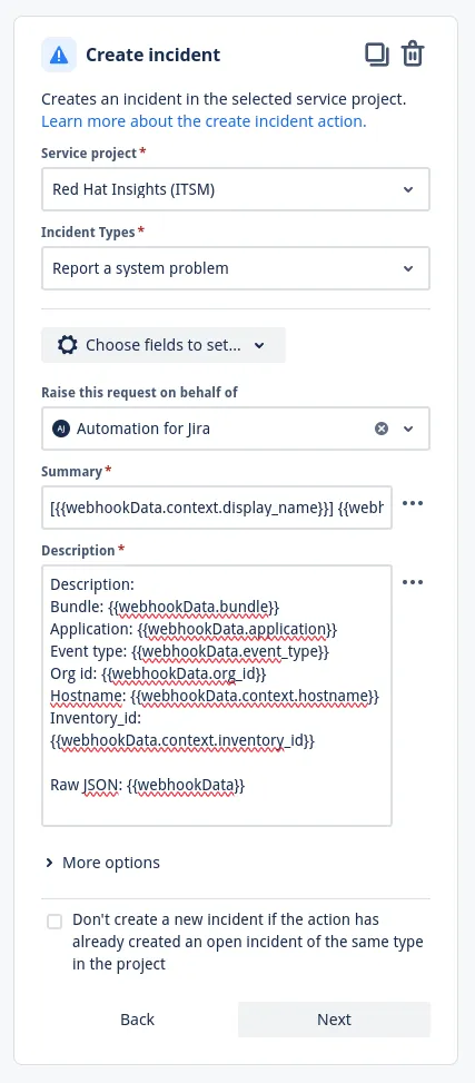 Create incident component in Jira’s Rule Builder