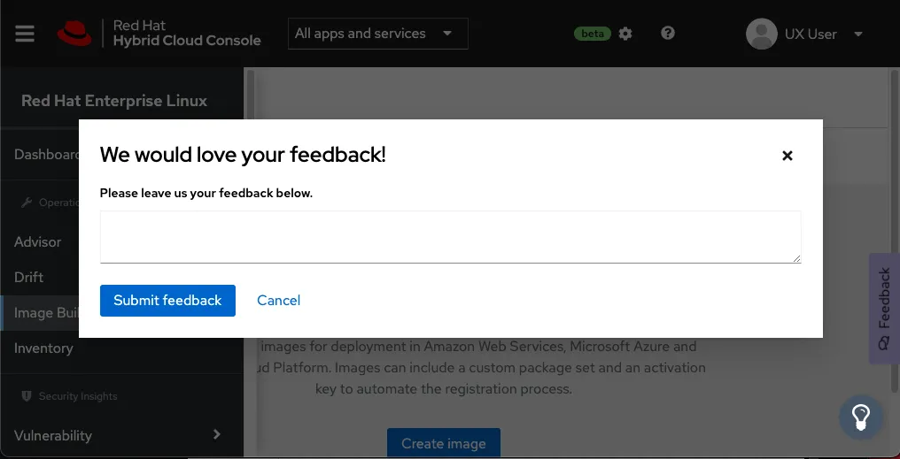 RHEL image builder service feedback form