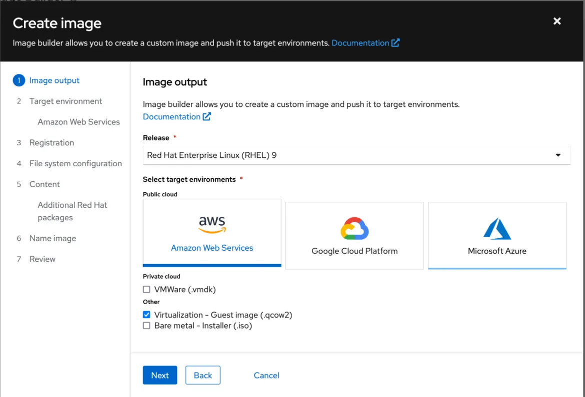 RHEL image builder: select the target destination(s)